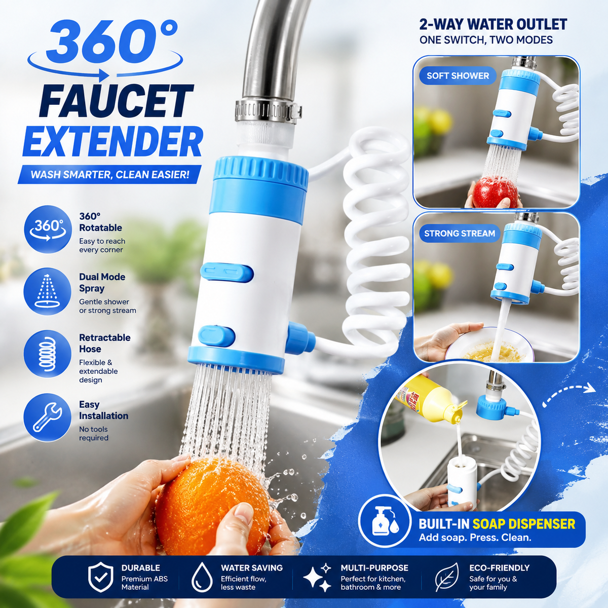 Detachable Handheld Faucet | 3 Modes, Magnetic Dock & Soap Dispenser