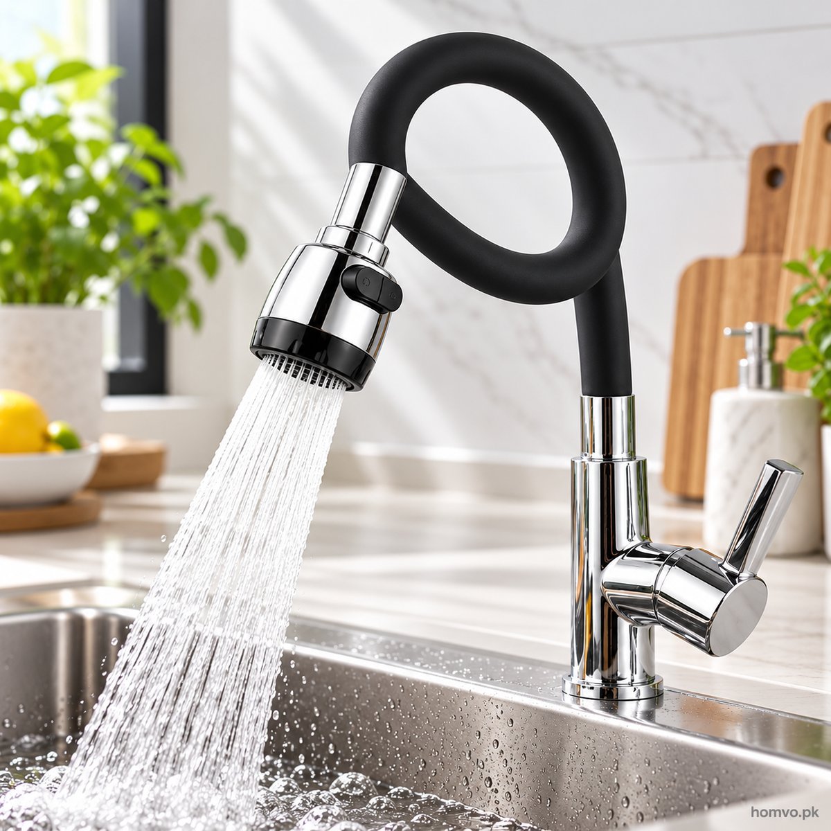 360 degree flexible silicone neck kitchen tap bent into a loop