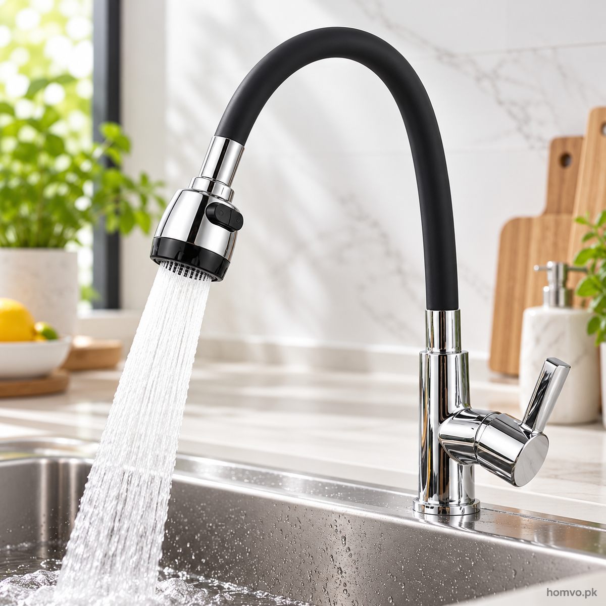 Flexible kitchen faucet nozzle showing stream mode and spray mode