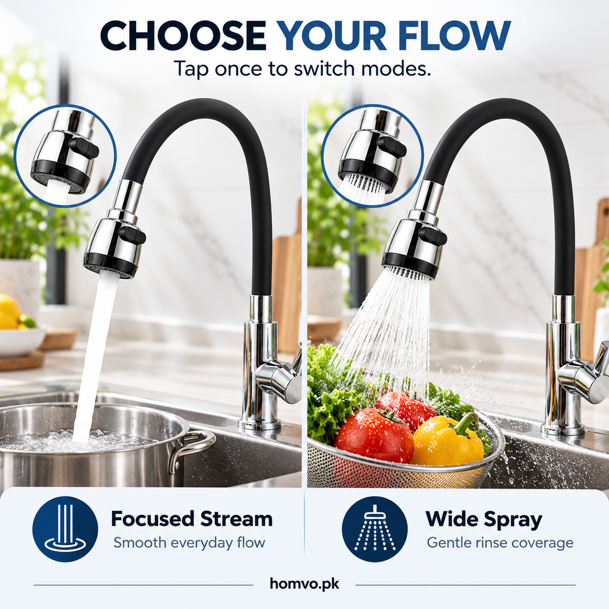 Kitchen tap switching between focused stream and wide spray for washing vegetables