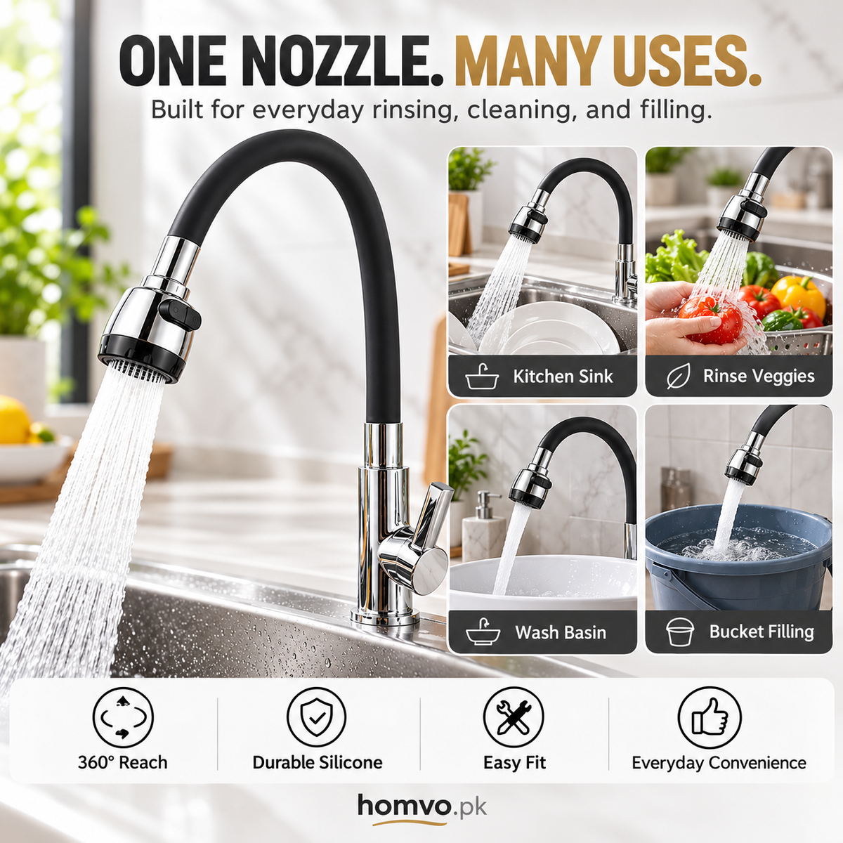 Flexible faucet uses: kitchen sink, rinsing vegetables, wash basin and bucket filling