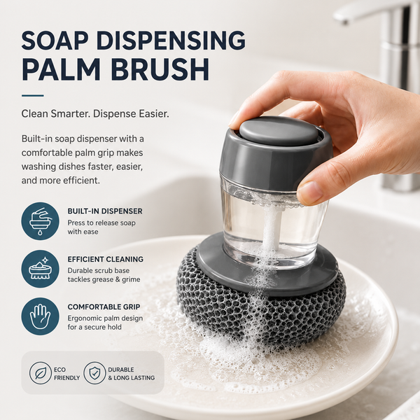 Soap dispensing dish brush with liquid soap in the handle