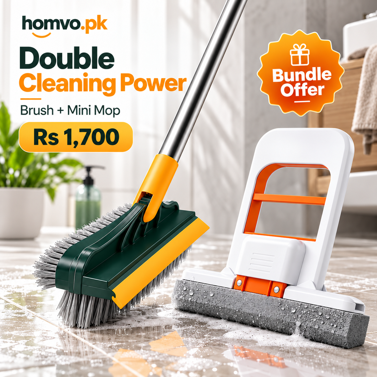 Floor scrub brush and mini mop on a tiled bathroom floor