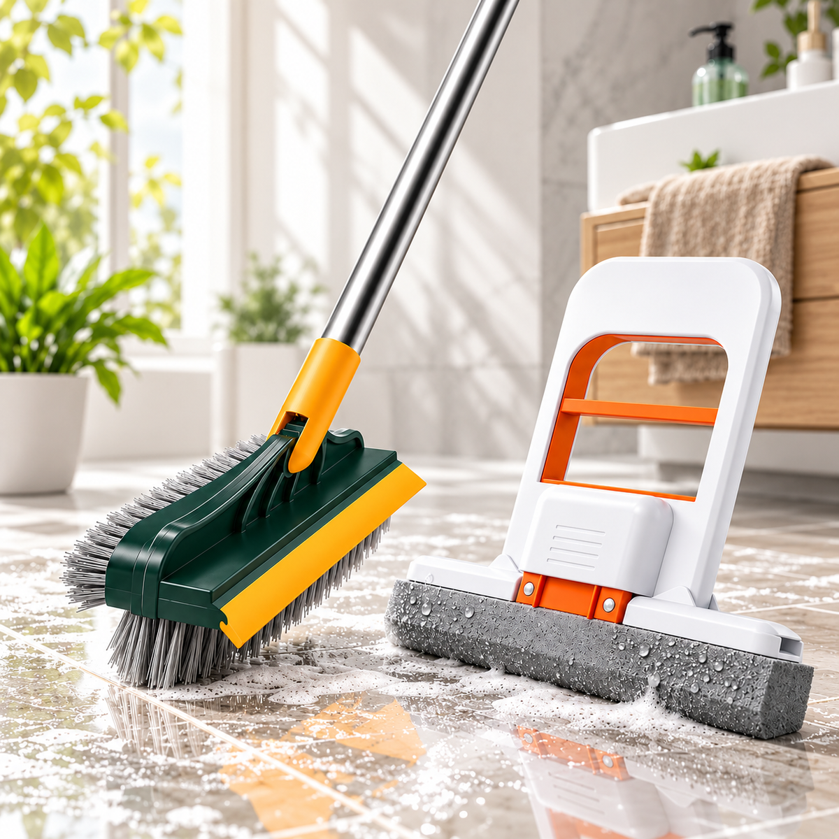 Floor scrub brush with telescopic handle standing beside the mini mop