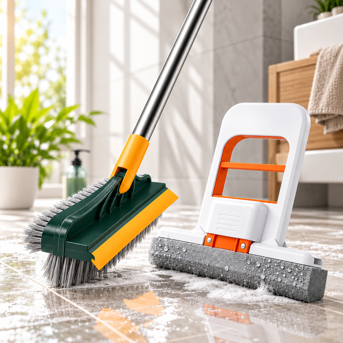 Scrub brush and mini mop on a wet tile floor