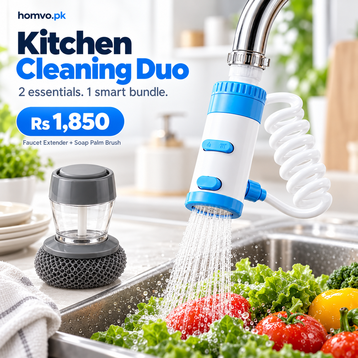 Faucet extender rinsing vegetables beside the soap dispensing palm brush