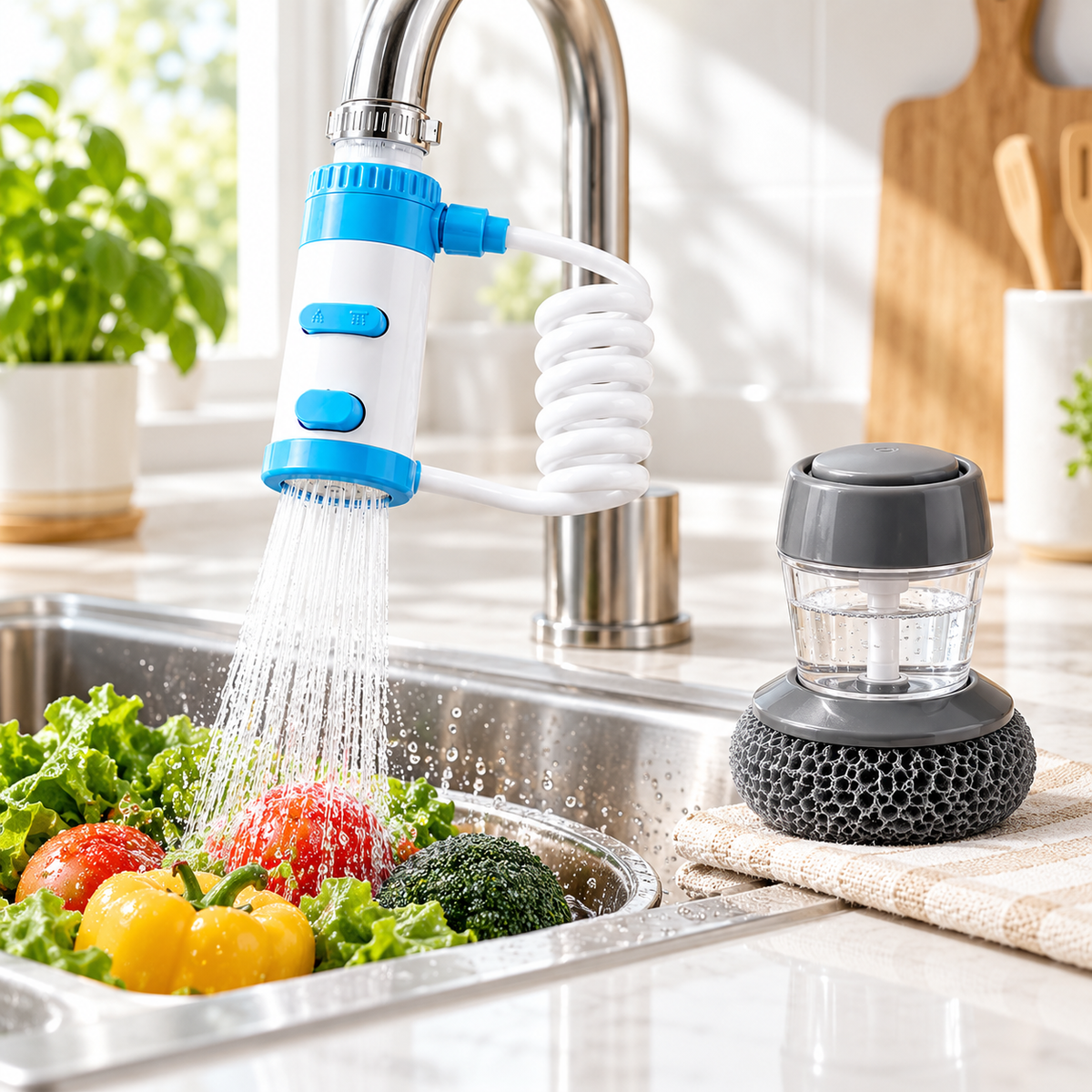 Faucet extender spraying water over vegetables with the soap dish brush on the counter