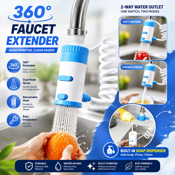 360 degree faucet extender with retractable hose, two spray modes and built-in soap dispenser
