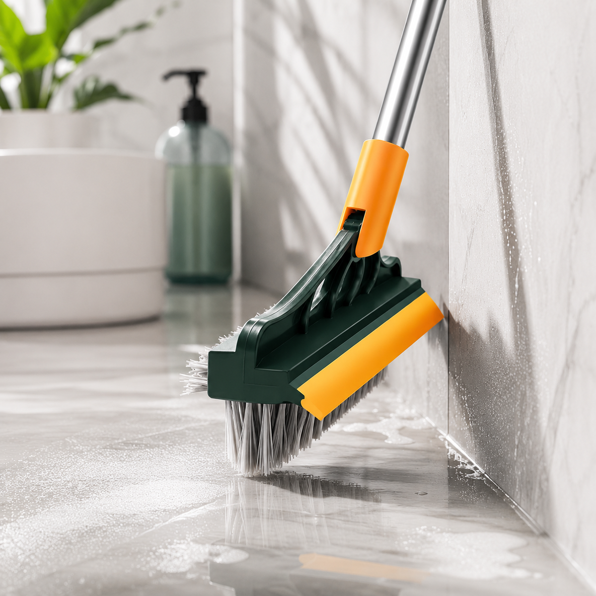 Floor scrub brush cleaning bathroom tiles without bending