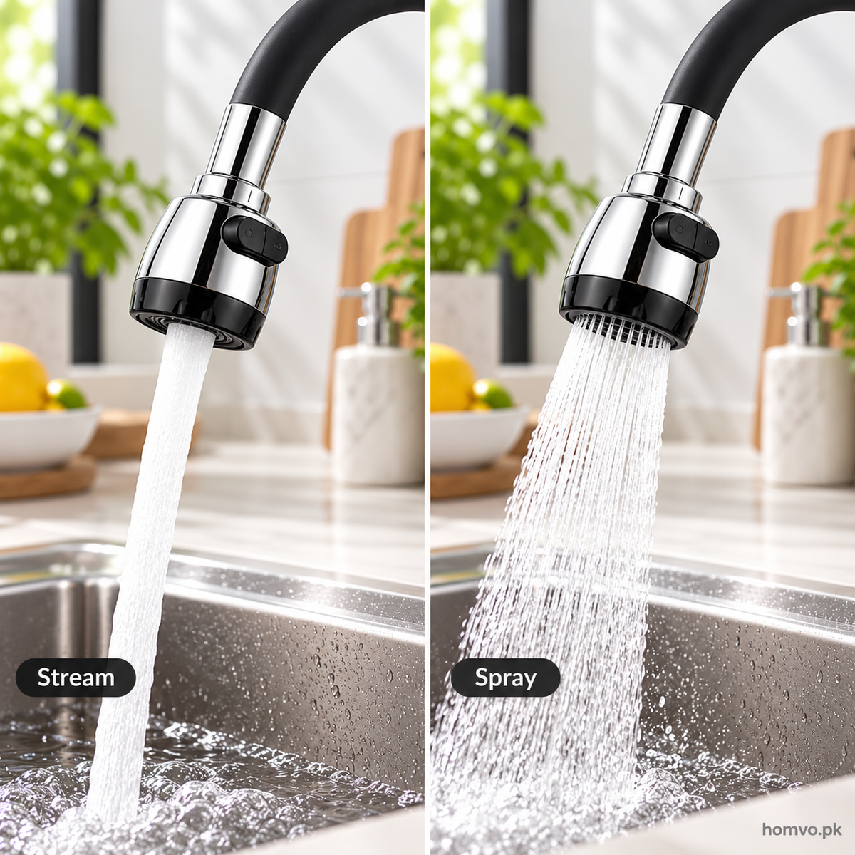 Black silicone neck kitchen faucet with chrome body spraying water into sink
