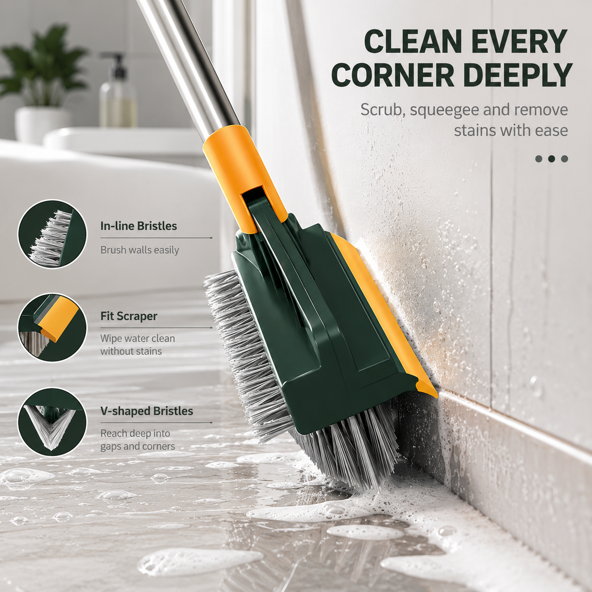 Stiff bristle head of the 3 in 1 floor scrub brush