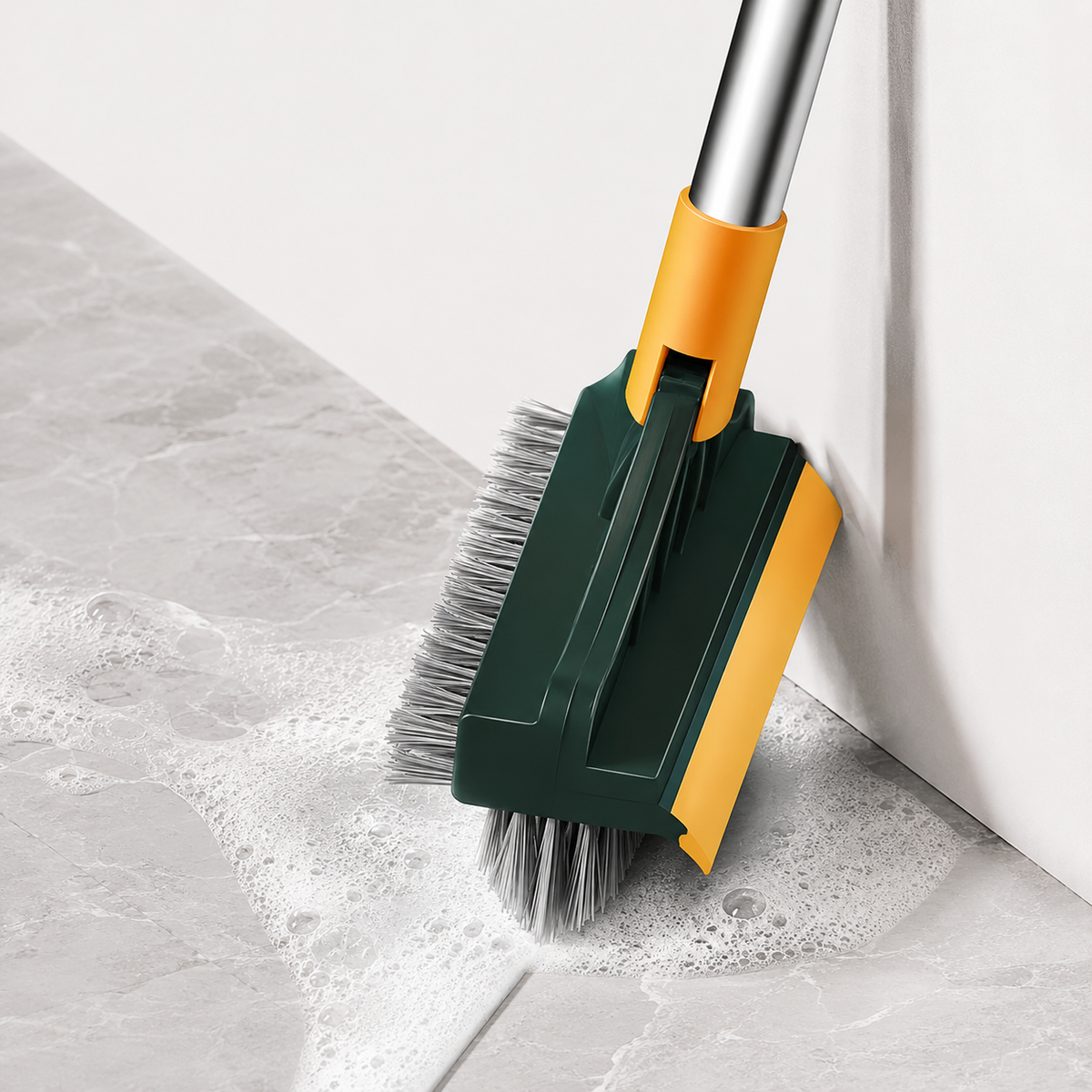 Scrub brush wiper edge clearing water from a floor