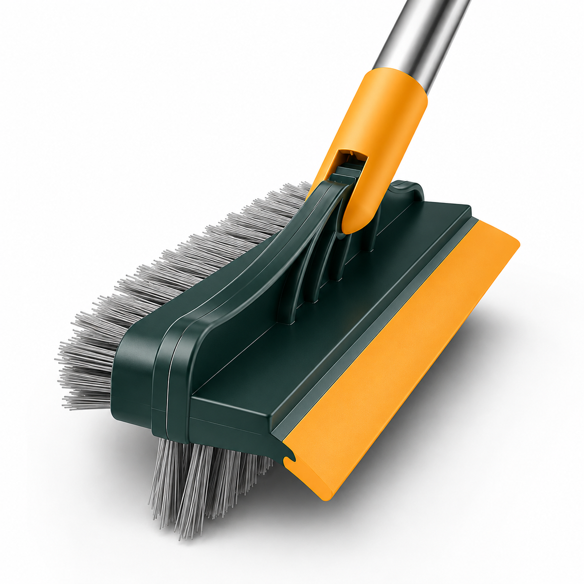 Scrub brush reaching into a corner of a bathroom floor