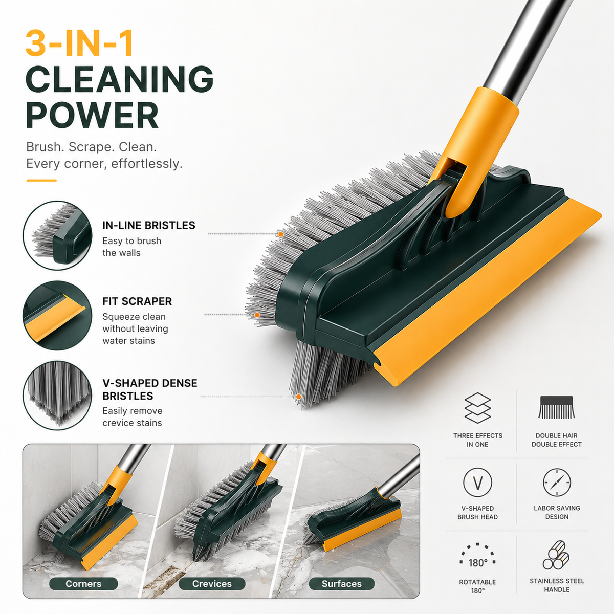 3 in 1 floor scrub brush with a long telescopic handle