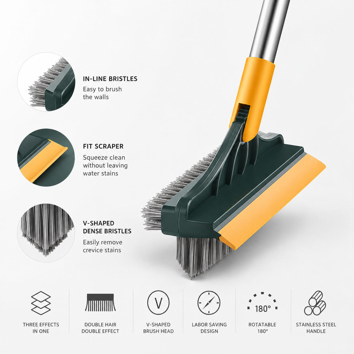 Floor scrub brush stored upright against a wall
