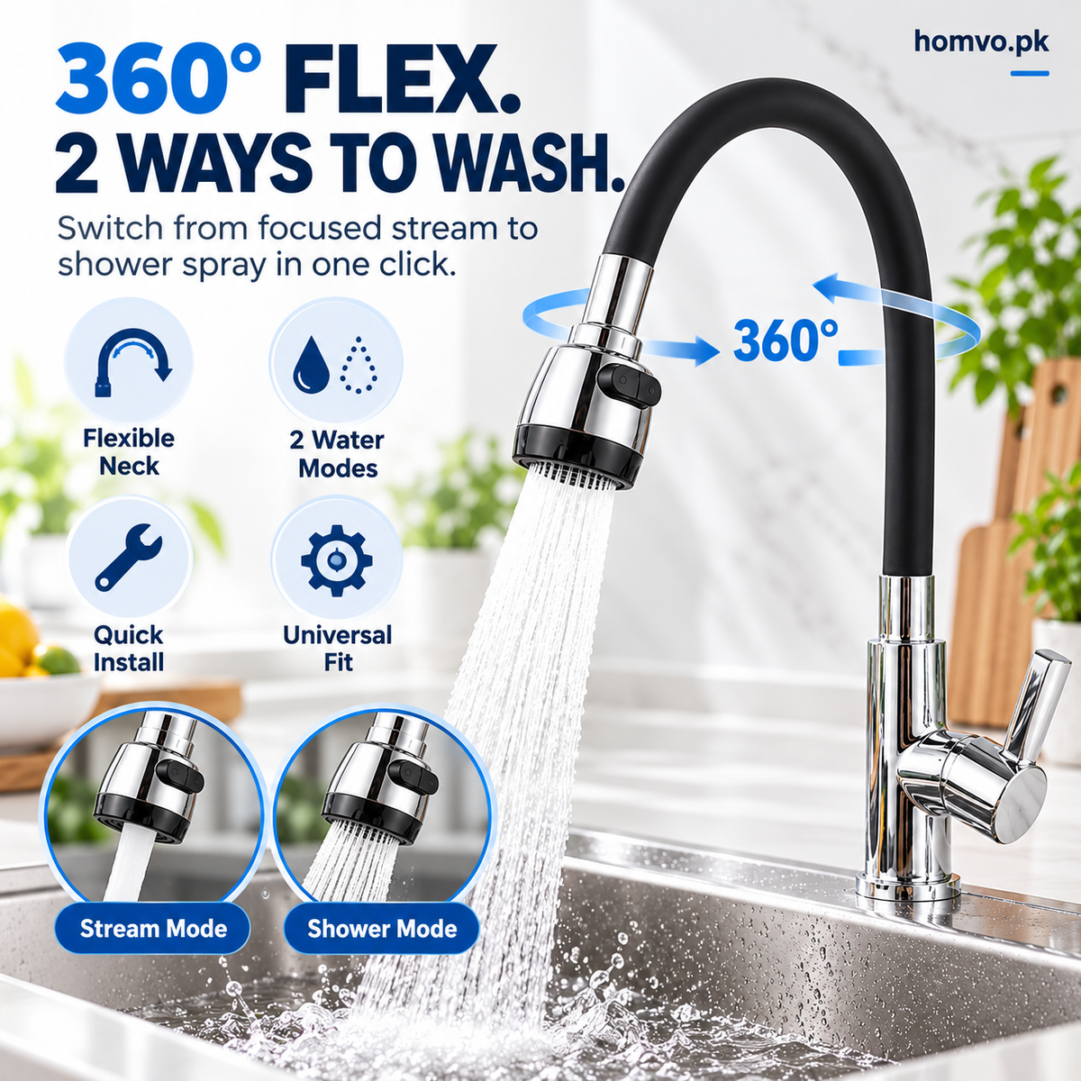 360 flex kitchen faucet features: flexible neck, 2 water modes, quick install