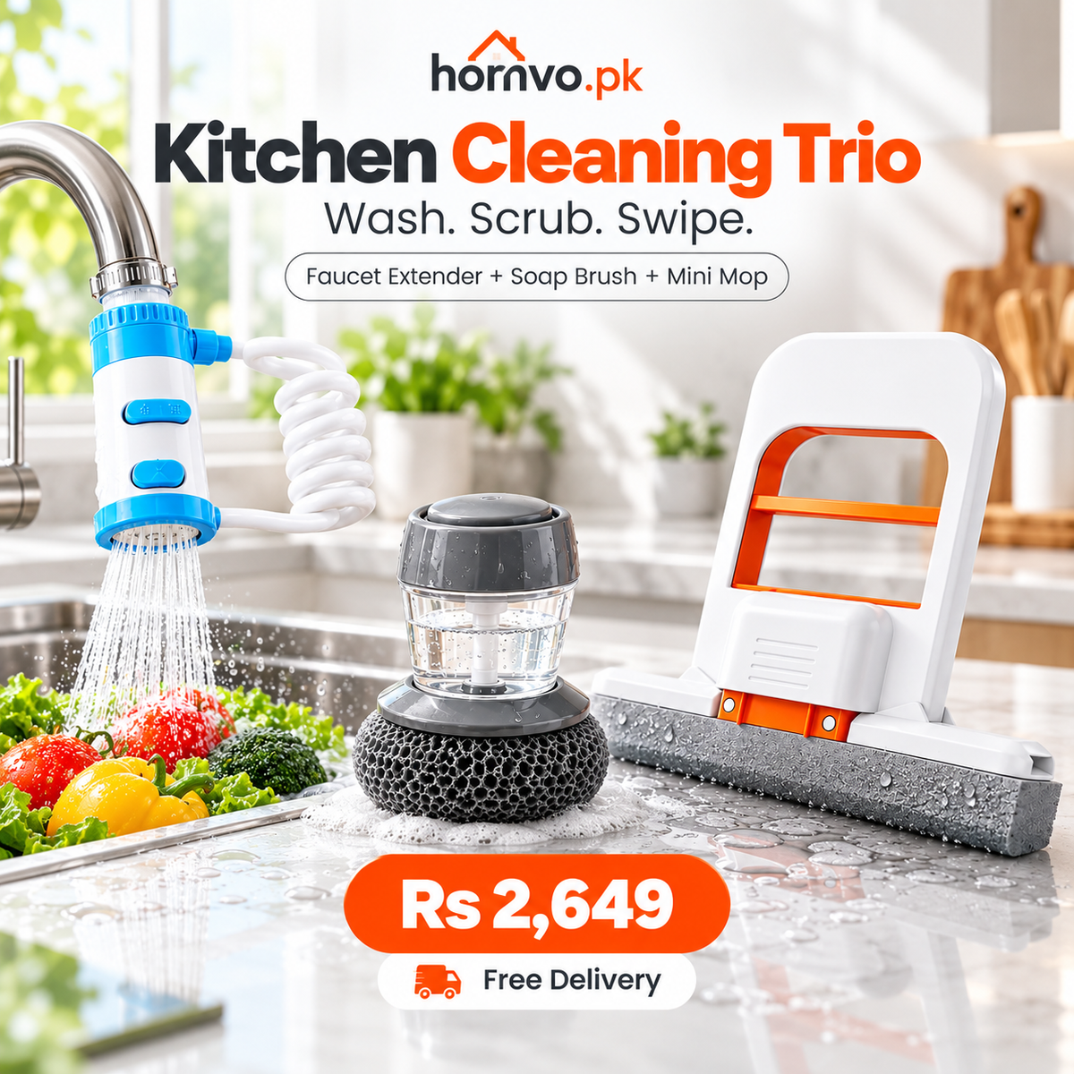 Kitchen cleaning trio of faucet extender, soap brush and mini mop on a counter