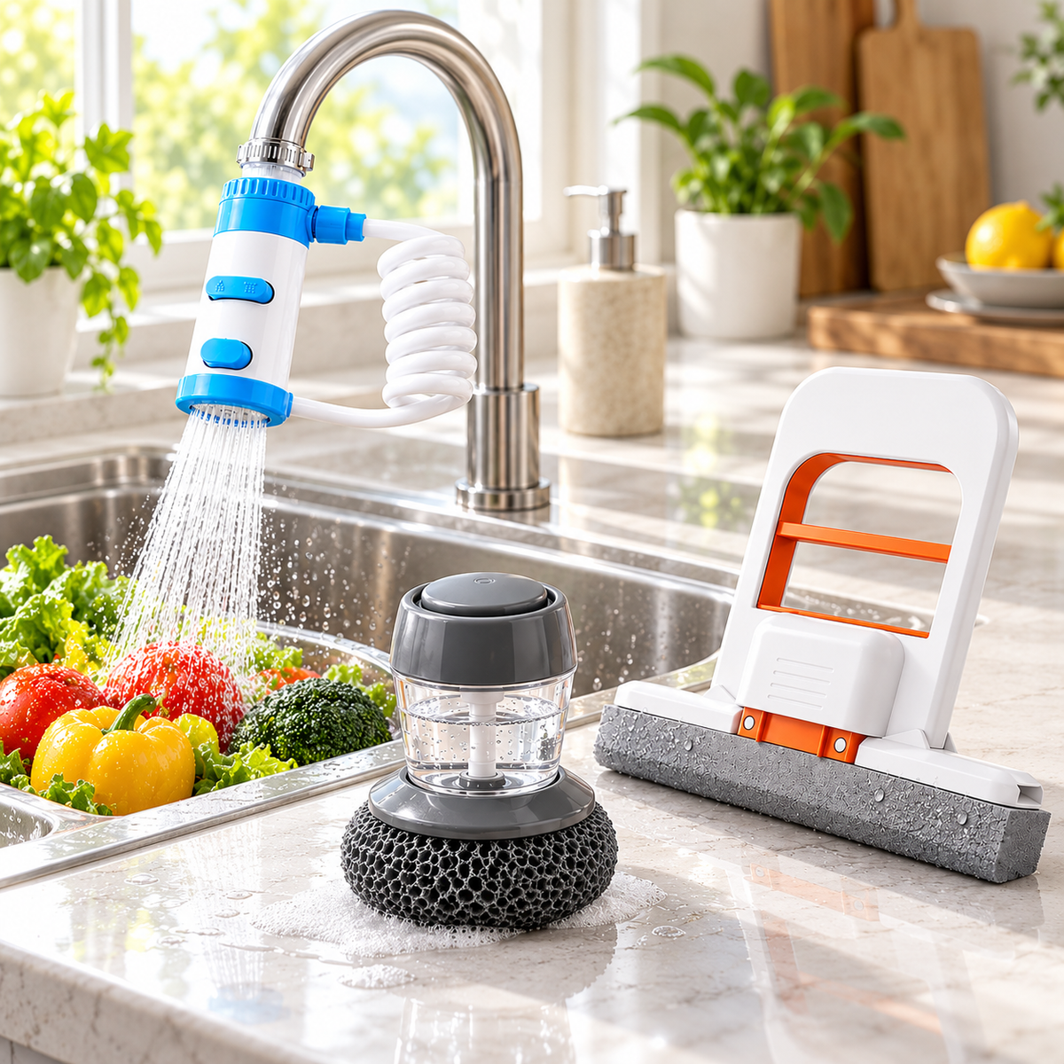 Faucet extender, soap brush and mini mop beside a kitchen sink