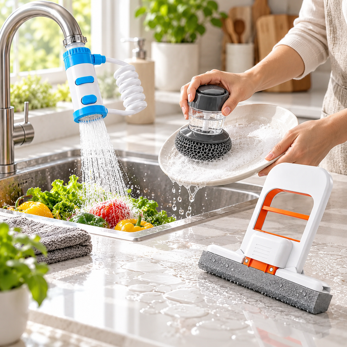 Washing a plate with the soap brush under the faucet extender, mini mop on the counter