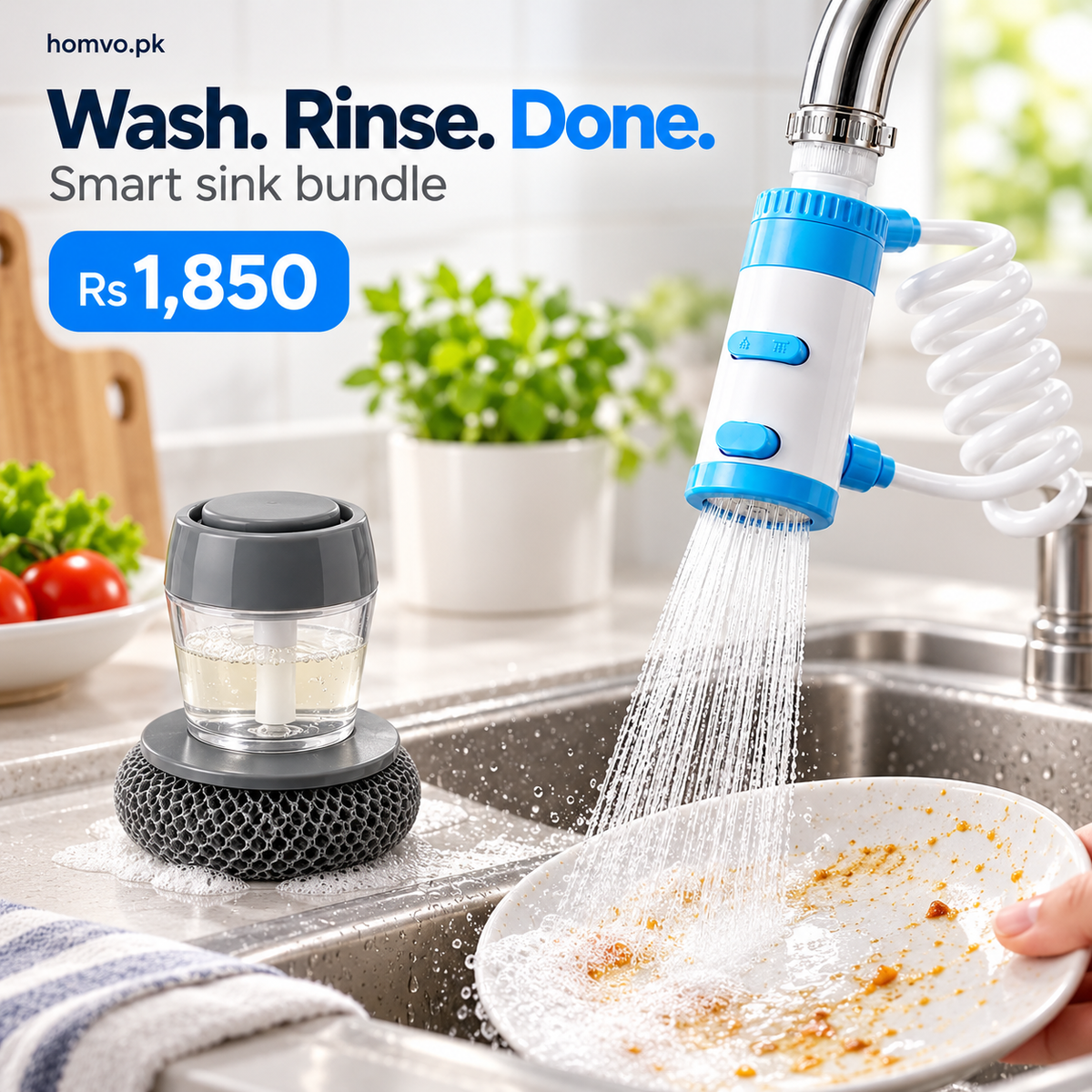Sink Set bundle: faucet extender and soap dispensing dish brush at a kitchen sink