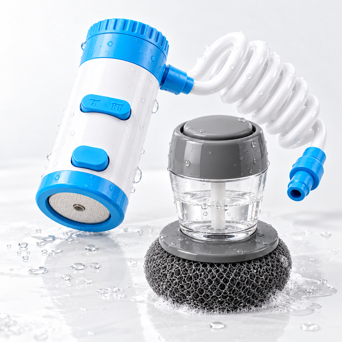 Close up of the faucet extender and the soap dispensing dish brush