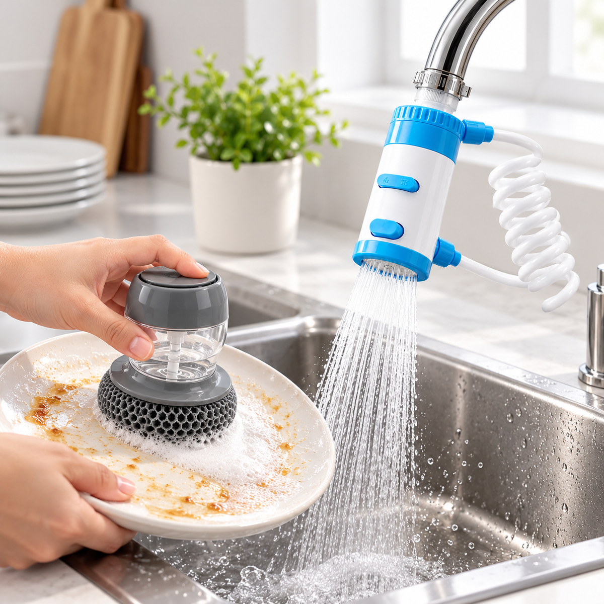 Hand washing a plate with the soap dish brush under the faucet extender